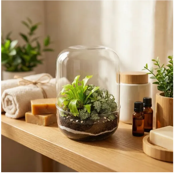 Terrarium campana mensola bagno spa con asciugamani saponi naturali oli essenziali