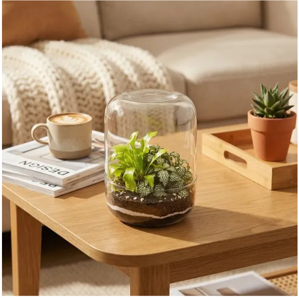Terrarium campana su tavolino salotto con riviste tazza caffe plaid crema