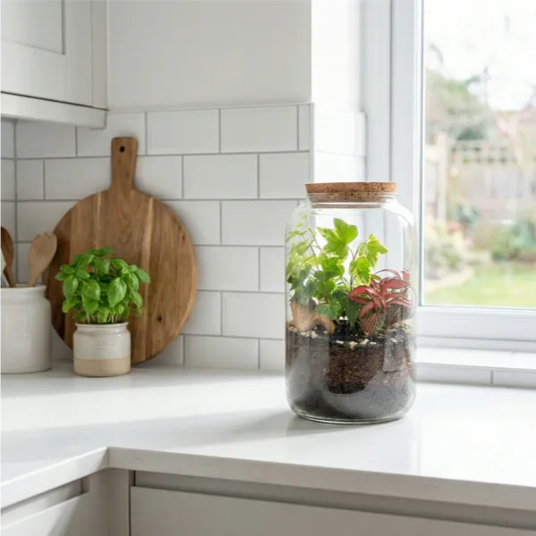 Terrarium su piano cucina bianca vicino finestra, mini giardino per decorare ambienti luminosi