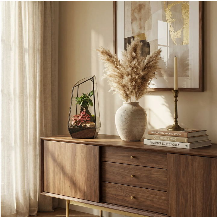 Terrarium Diamante su credenza mid-century in noce con ottone, decorazione sofisticata per soggiorno