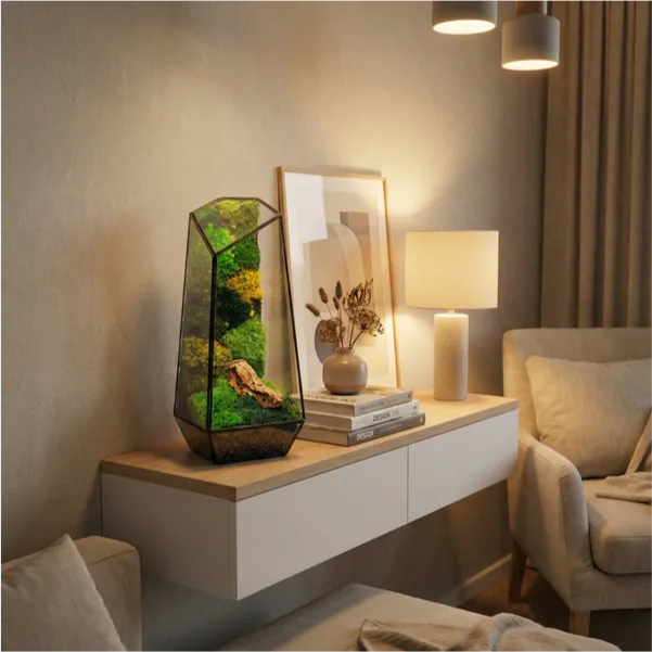 Terrarium Diamante mensola soggiorno. Quadro cornice vaso ceramica libri design lampada. Atmosfera elegante serale contemporanea. Stile scandinavo.