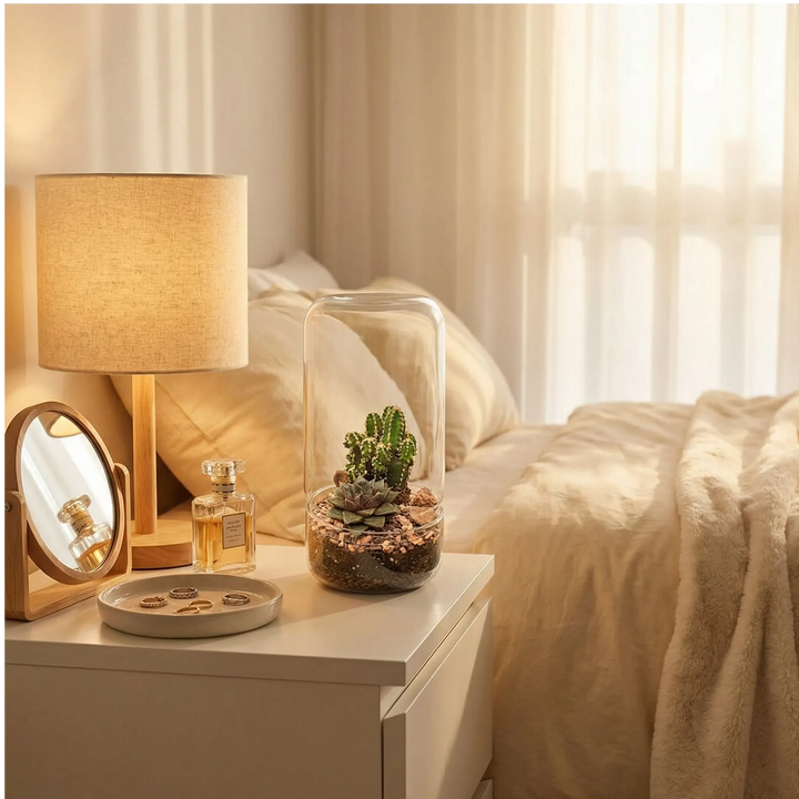 Terrarium cactus succulente su comodino bianco camera letto. Lampada lino, profumi, gioielli. Luce mattutina serena atmosfera rilassante.