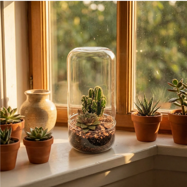 Terrarium piante grasse su davanzale finestra. Luce golden hour naturale, vasi terracotta succulente. Collezione cactus luminosa calda.