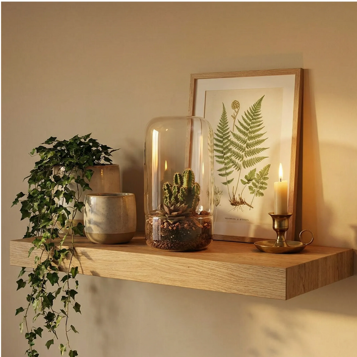 Terrarium piante grasse su mensola rovere soggiorno. Stampa botanica, edera, candela ottone. Decorazione moderna luce calda accogliente.