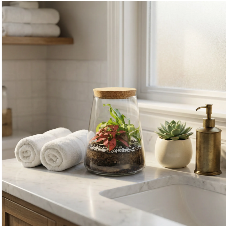 Terrarium Eco Chic su piano marmo bagno con asciugamani, decorazione naturale per atmosfera spa rilassante