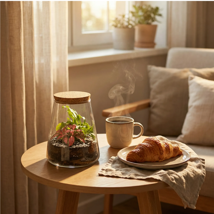 Terrarium Eco Chic su tavolino colazione con caffè e croissant, decorazione per momenti mattutini rilassanti