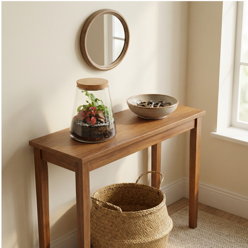 Terrarium Eco Chic su console ingresso con specchio rotondo, decorazione accogliente per entrata casa