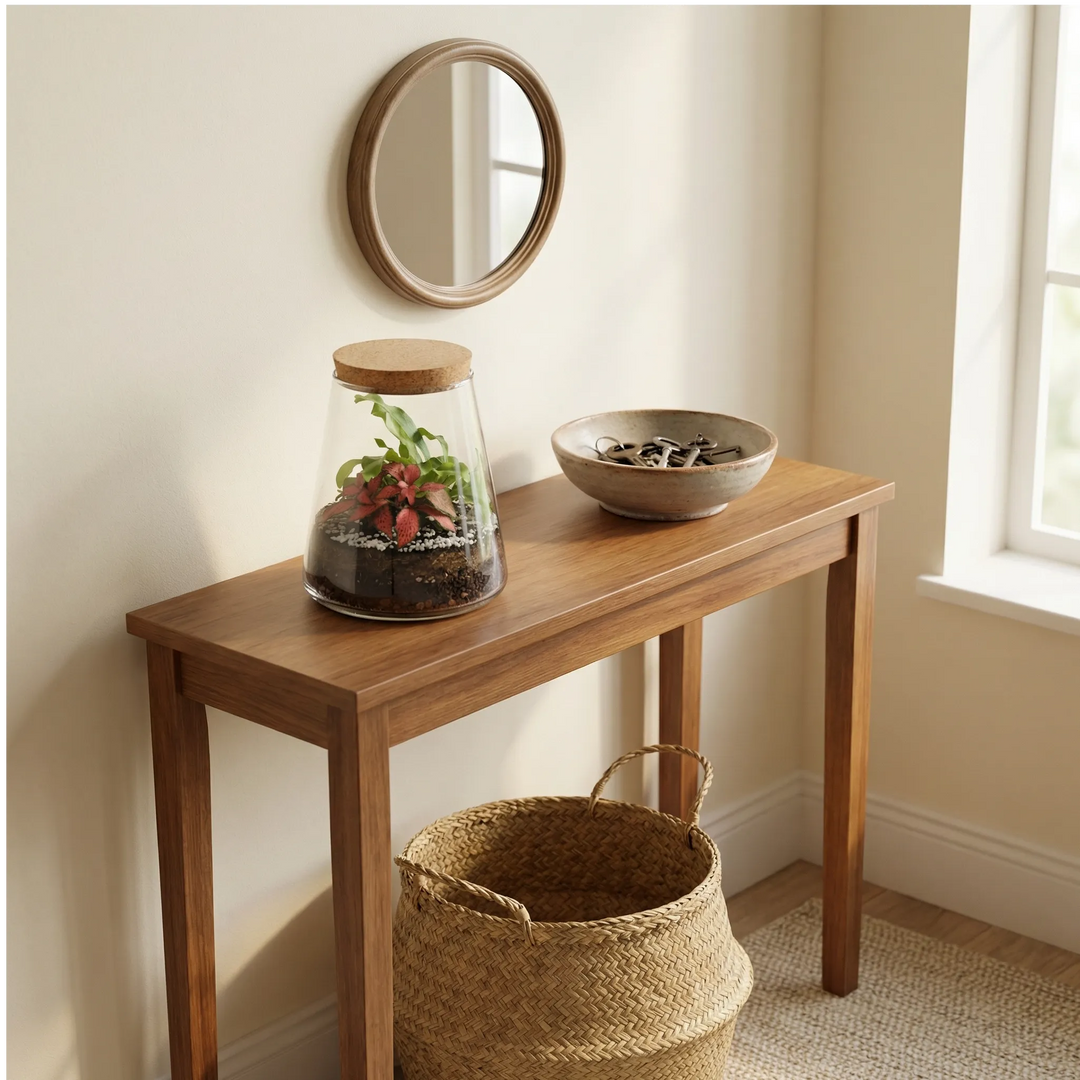 Terrarium Eco Chic su console ingresso con specchio rotondo, decorazione accogliente per entrata casa