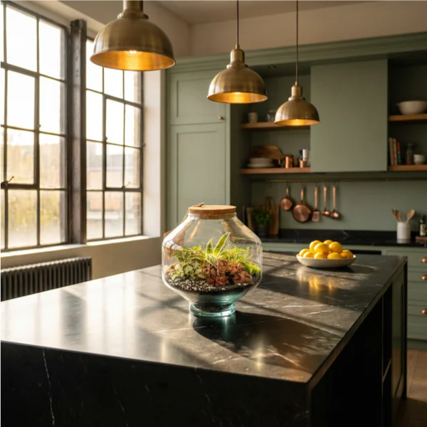 Terrarium Elia piante verdi su isola marmo nero in cucina loft con pendenti ottone e luce calda
