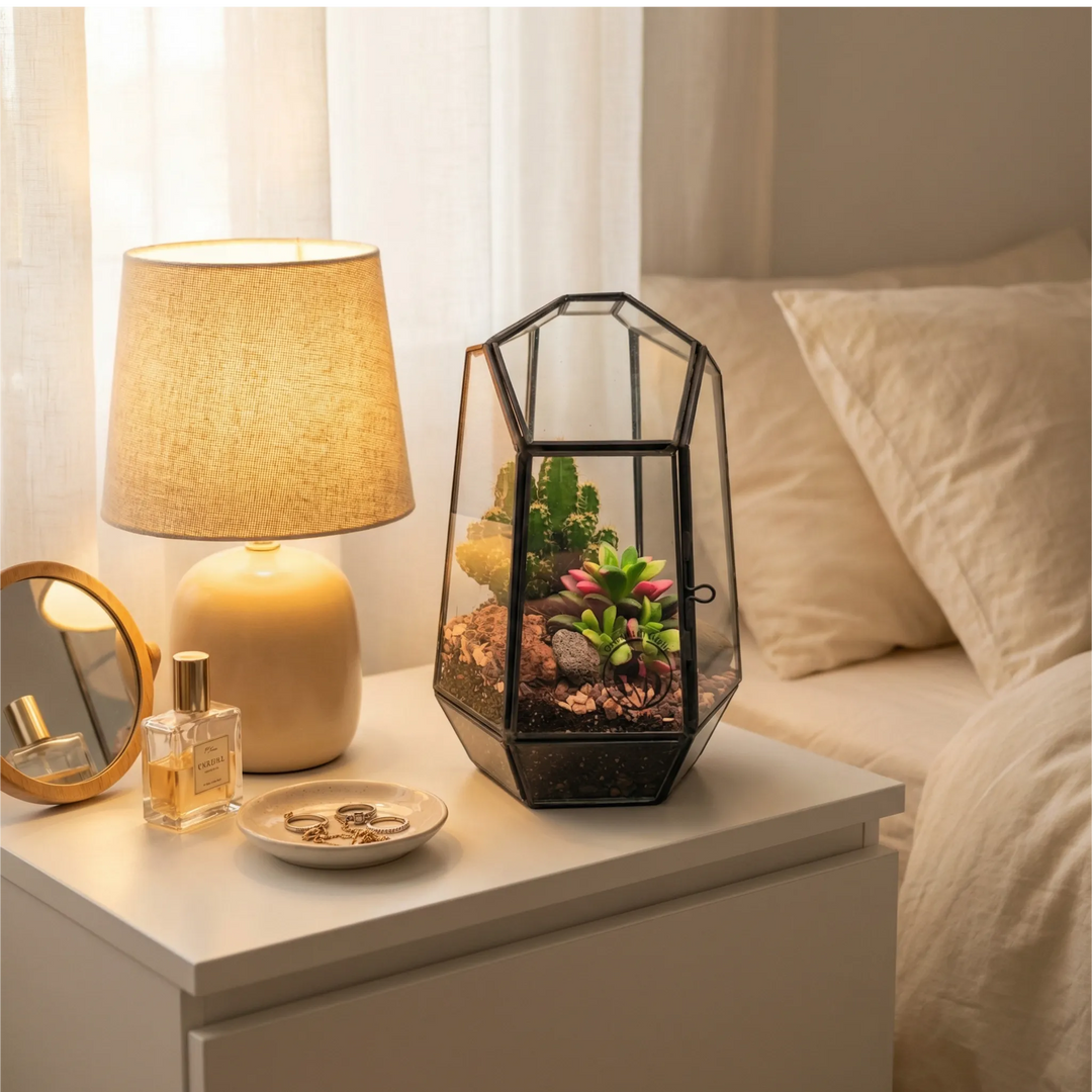 Terrarium Emma piante grasse geometrico esagonale su comodino bianco camera. Lampada lino, gioielli, profumi. Luce mattutina serena elegante.