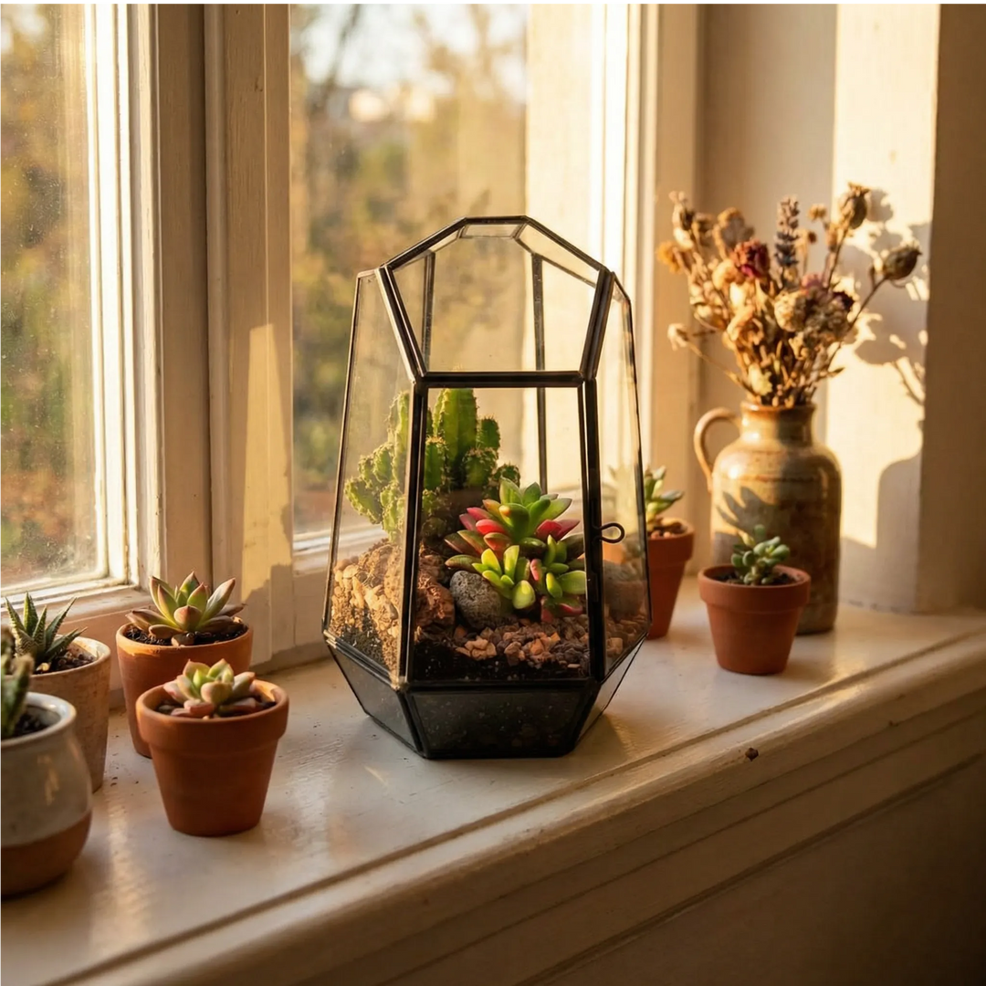 Terrarium Emma geometrico esagonale piante grasse su davanzale. Luce golden hour naturale dorata, vasi succulente. Collezione botanica luminosa.