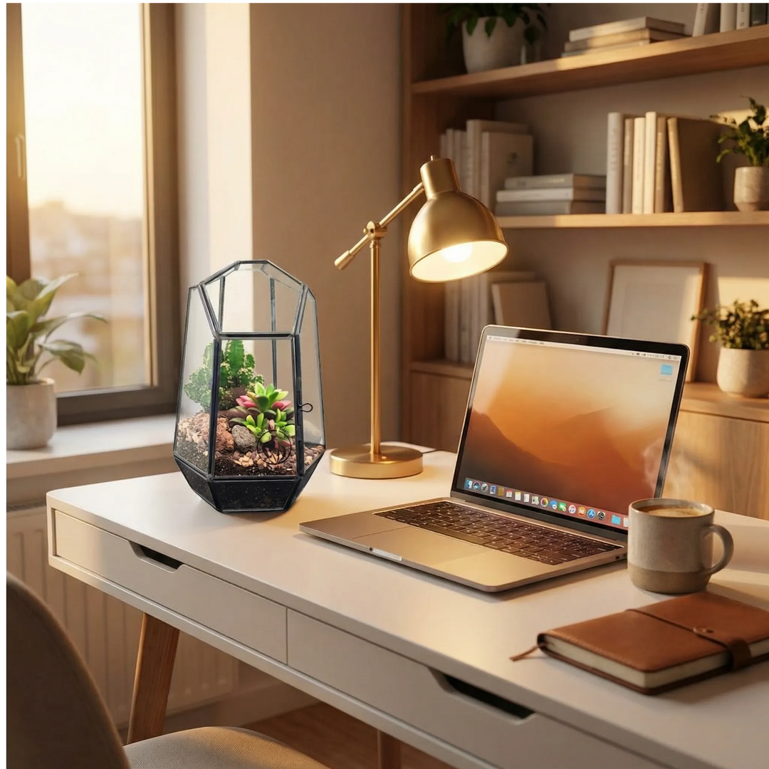 Terrarium Emma geometrico esagonale piante grasse su scrivania home office. Lampada ottone, laptop, luce calda. Workspace moderno produttivo.