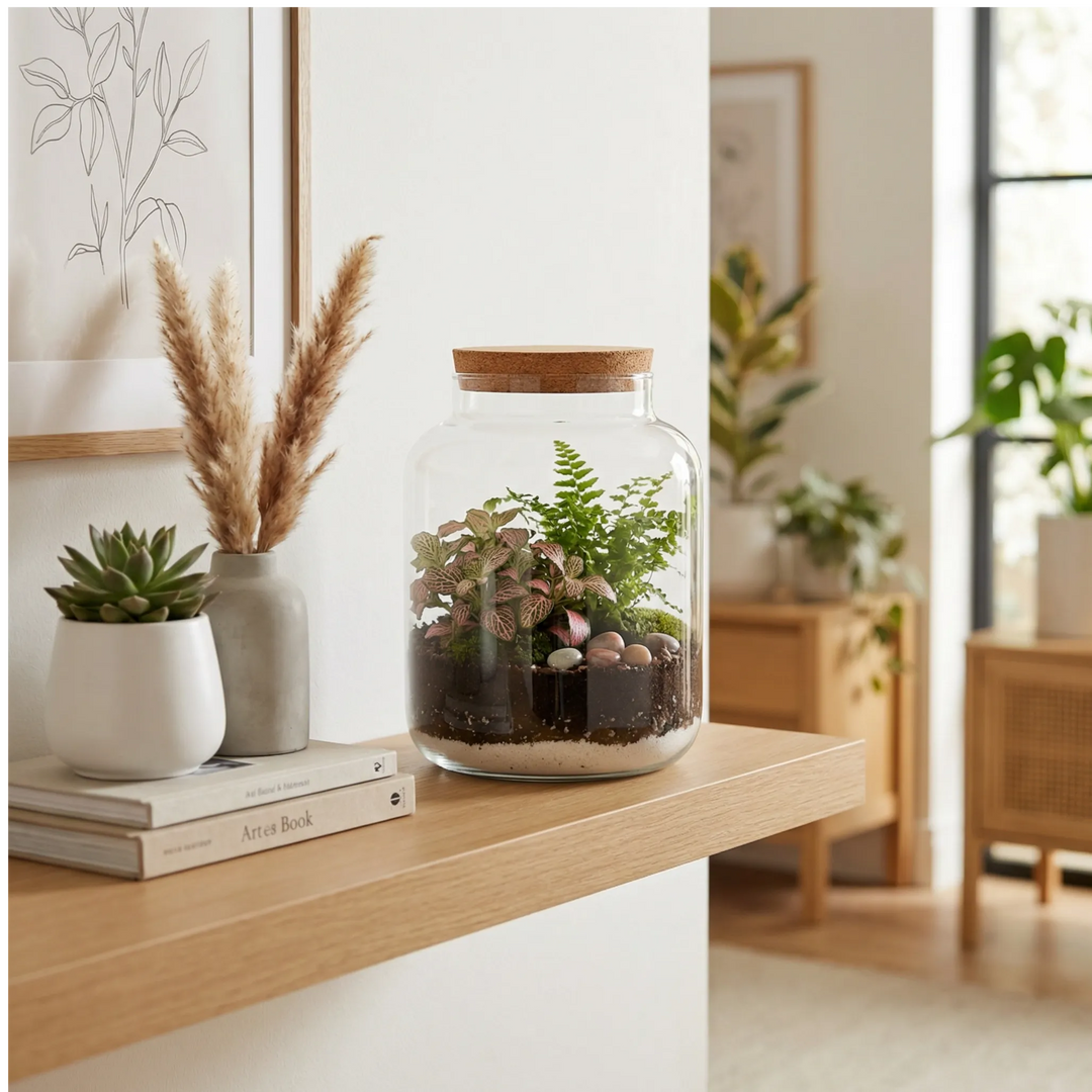 Terrarium finito con piante vere esposto su una mensola di legno in un ambiente di design moderno, idea regalo originale.