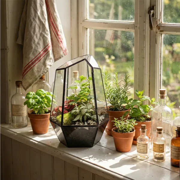 Terrarium su davanzale cucina bianca con erbe aromatiche, bottiglie vintage, luce naturale, stile farmhouse
