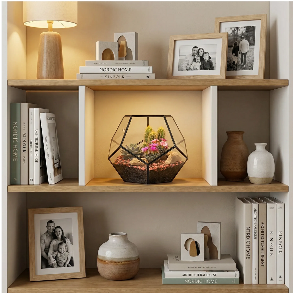 Terrarium geometrico nero libreria legno bianca. Libri design foto incorniciate vasi ceramica. Stile curato contemporaneo scandinavo moderno.