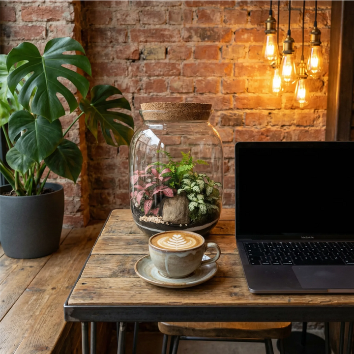 Terrarium in coffee shop trendy con cappuccino e laptop, atmosfera hipster accogliente