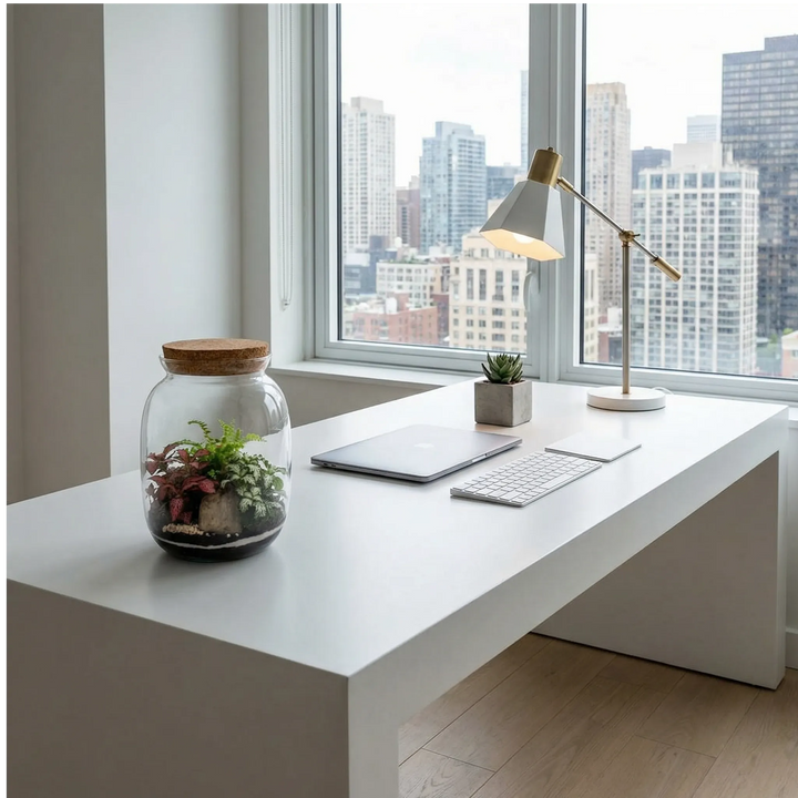 Terrarium su scrivania moderna minimalista con vista città, decorazione ufficio elegante