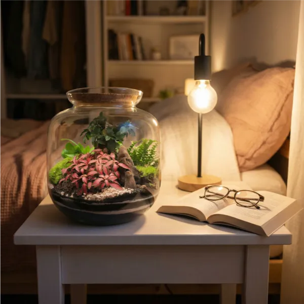 Terrarium Giardino Segreto Urbano su comodino bianco con lampada accesa, libro aperto e occhiali, atmosfera serale relax