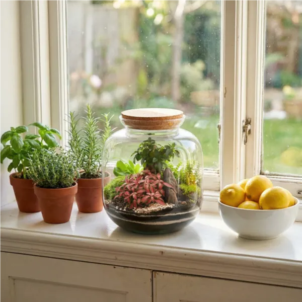 Terrarium su mensola legno con cornici foto famiglia, libri e piante, decorazione living room