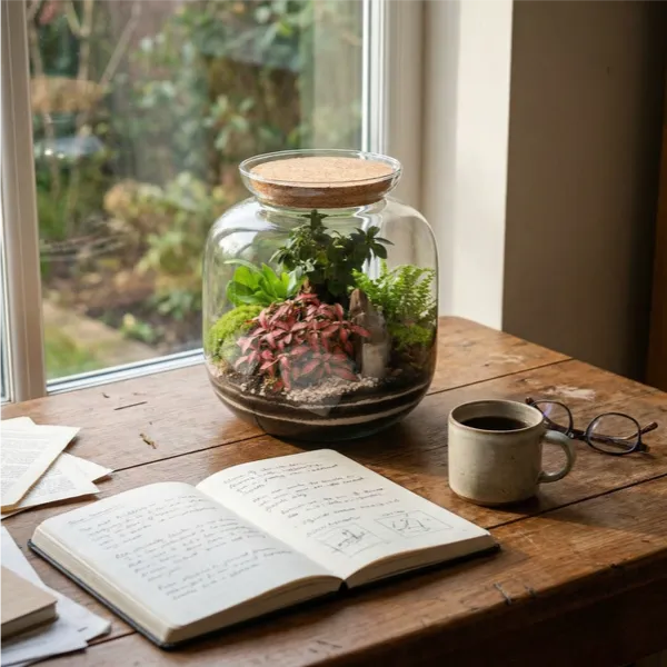 Terrarium su scrivania in legno con quaderno, caffè e occhiali, decorazione workspace naturale