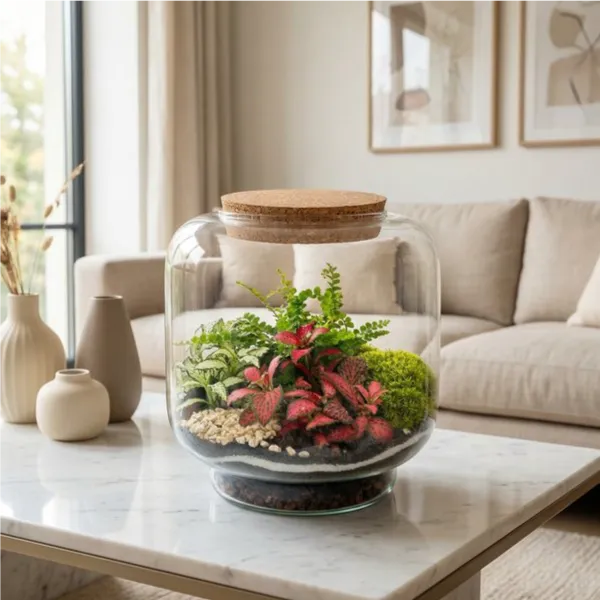 Terrarium Hortus decorativo su tavolino marmo in soggiorno moderno elegante