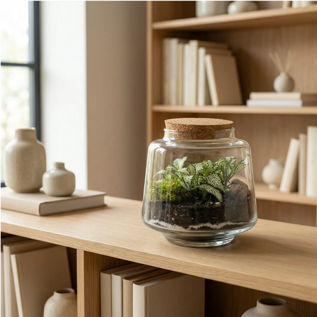 Terrarium Hortus su mensola libreria in ambiente domestico minimalista