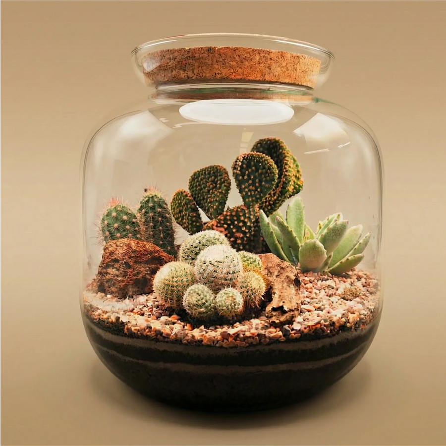 Terrarium Irene vetro altezza tappo sughero naturale. Opuntia Mammillaria cactus rosa succulente. Base nera stabile. Design moderno.