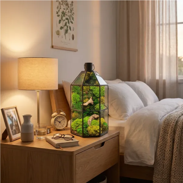 Terrarium lanterna verde comodino camera letto decorazione serena naturale muschio stabilizzato