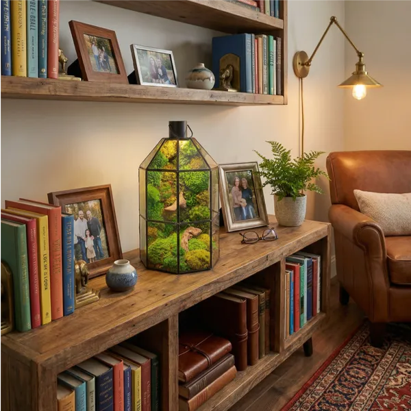 Terrarium lanterna verde libreria studio decorazione intellettuale muschio stabilizzato libri
