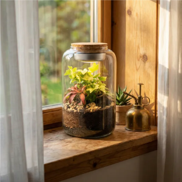Terrarium Lumina su davanzale legno con luce naturale dorata, piante che prosperano vicino finestra