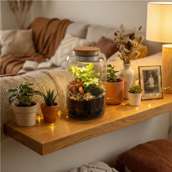 Terrarium Lumina su mensola legno naturale con luci fatate, decorazione hygge per living accogliente
