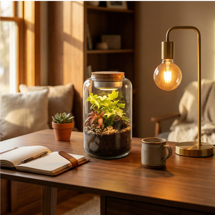 Terrarium Lumina su scrivania noce con lampada ottone, decorazione naturale per home office produttivo