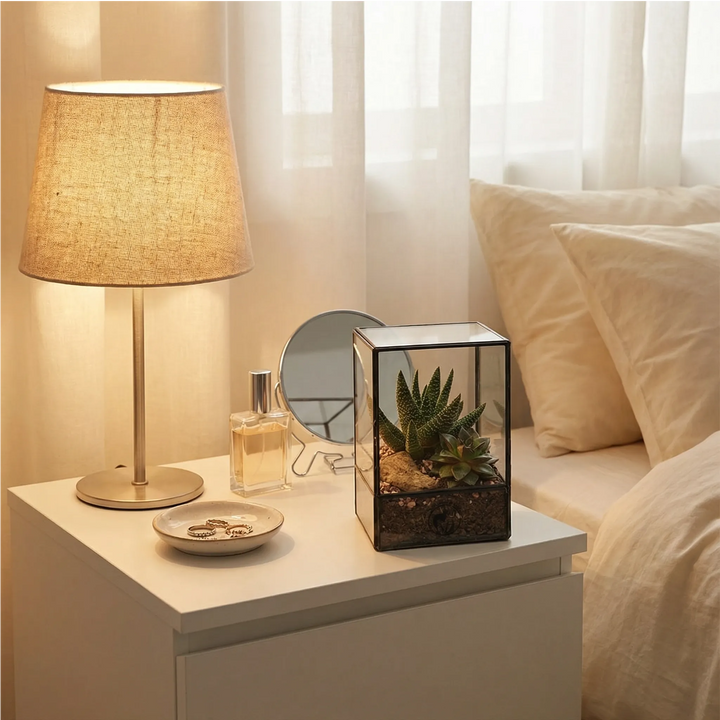 Terrarium Nora piante grasse geometrico su comodino bianco camera. Lampada lino, gioielli, profumi. Luce mattutina serena atmosfera elegante.