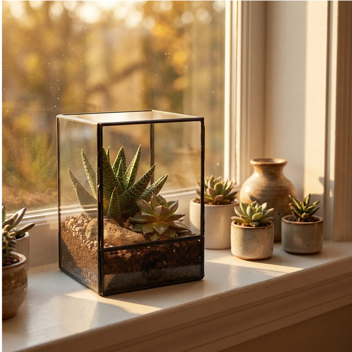 Terrarium Nora geometrico piante grasse su davanzale. Luce golden hour naturale dorata, vasi succulente terracotta. Collezione botanica luminosa.