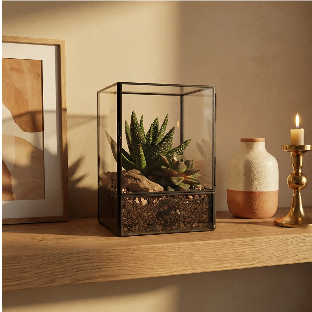 Terrarium Nora geometrico su mensola rovere soggiorno. Arte astratta, vaso ceramica, candela ottone. Design contemporaneo luce calda accogliente.
