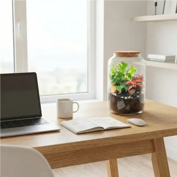 Terrarium decorativo su scrivania home office con laptop, idea regalo per ufficio e smart working