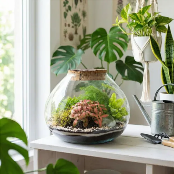 Terrarium sferico su mensola angolo verde indoor con piante tropicali e macramè