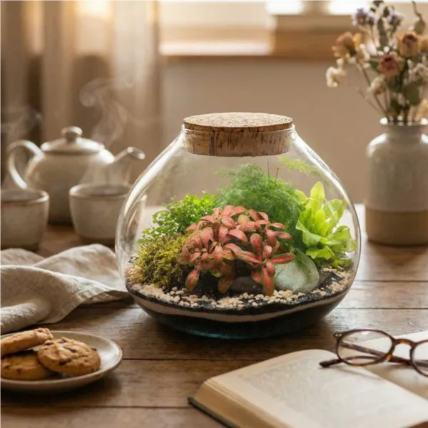 Terrarium sferico centrotavola tavolo tè con teiera tazze biscotti e libro