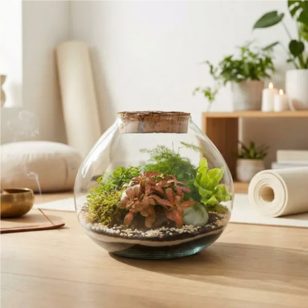 Terrarium sferico decorativo zona meditazione yoga con cuscino candele e incenso