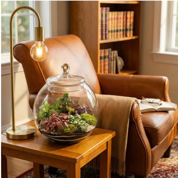 Terrarium sferico decorativo angolo lettura poltrona pelle cognac libreria legno