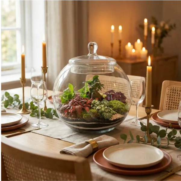 Terrarium sferico centrotavola tavolo pranzo tovaglia lino candele piatti ceramica