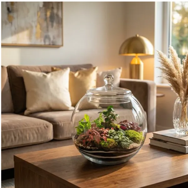 Terrarium sferico grande centrotavola salotto elegante divano velluto lampada ottone
