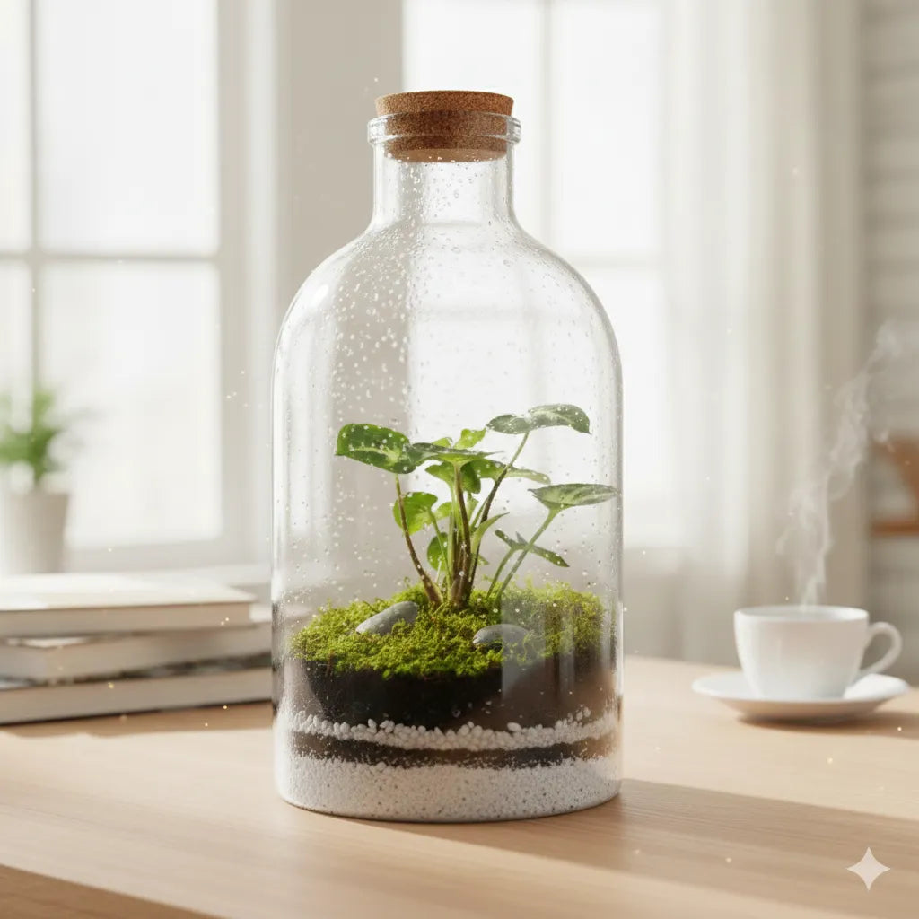 Terrarium con syngonium variegato in bottiglia di vetro con muschio verde e strati decorativi di substrato