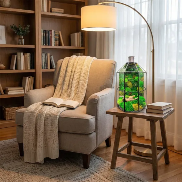 Terrarium Terranova angolo lettura decorazione verde reading nook hygge accogliente poltrona relax