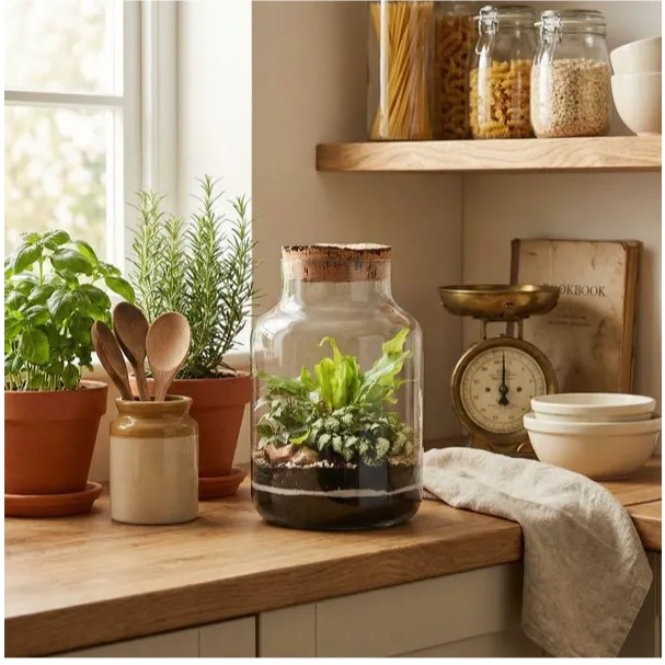 Terrarium vaso mensola cucina farmhouse con erbe aromatiche barattoli utensili legno