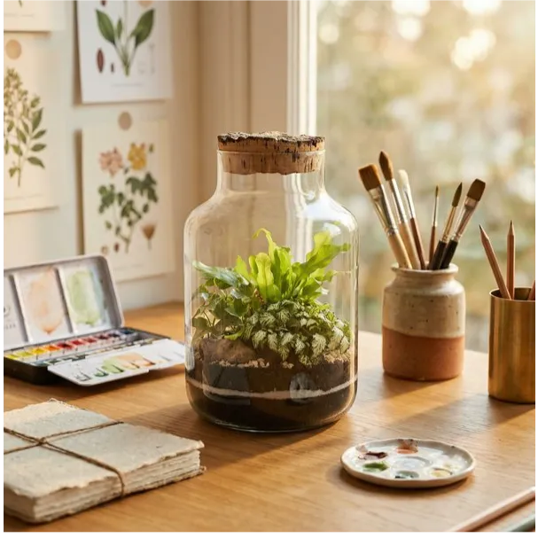 Terrarium vaso scrivania creativa artistica con acquerelli pennelli taccuino palette