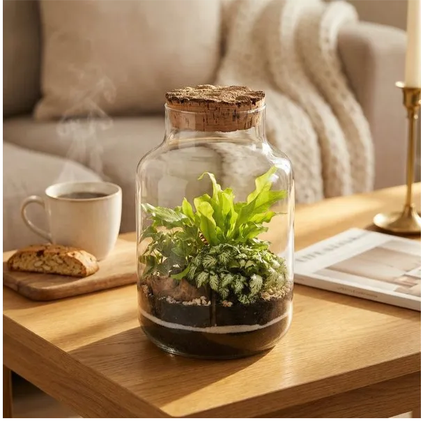Terrarium vaso decorativo tavolino caffe con tazza biscotti rivista plaid ottone