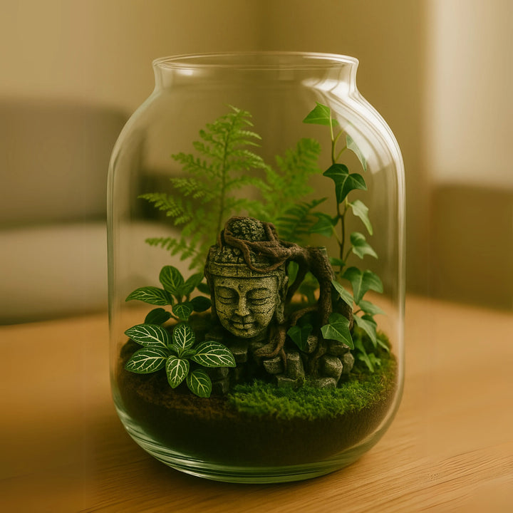 Terrarium in vetro con statuetta della testa di Buddha in miniatura, circondata da piante tropicali come fittonia, felce e edera. Composizione zen su sfondo neutro, ideale per arredamento naturale e meditativo.