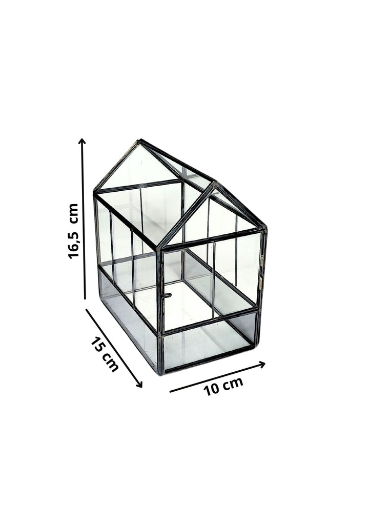 Terrario in vetro a forma di piccola serra, dimensioni 16,5 cm di altezza, 15 cm di lunghezza e 10 cm di larghezza, ideale per piante di piccole dimensioni. Dotato di un’apertura pratica per una facile manutenzione.