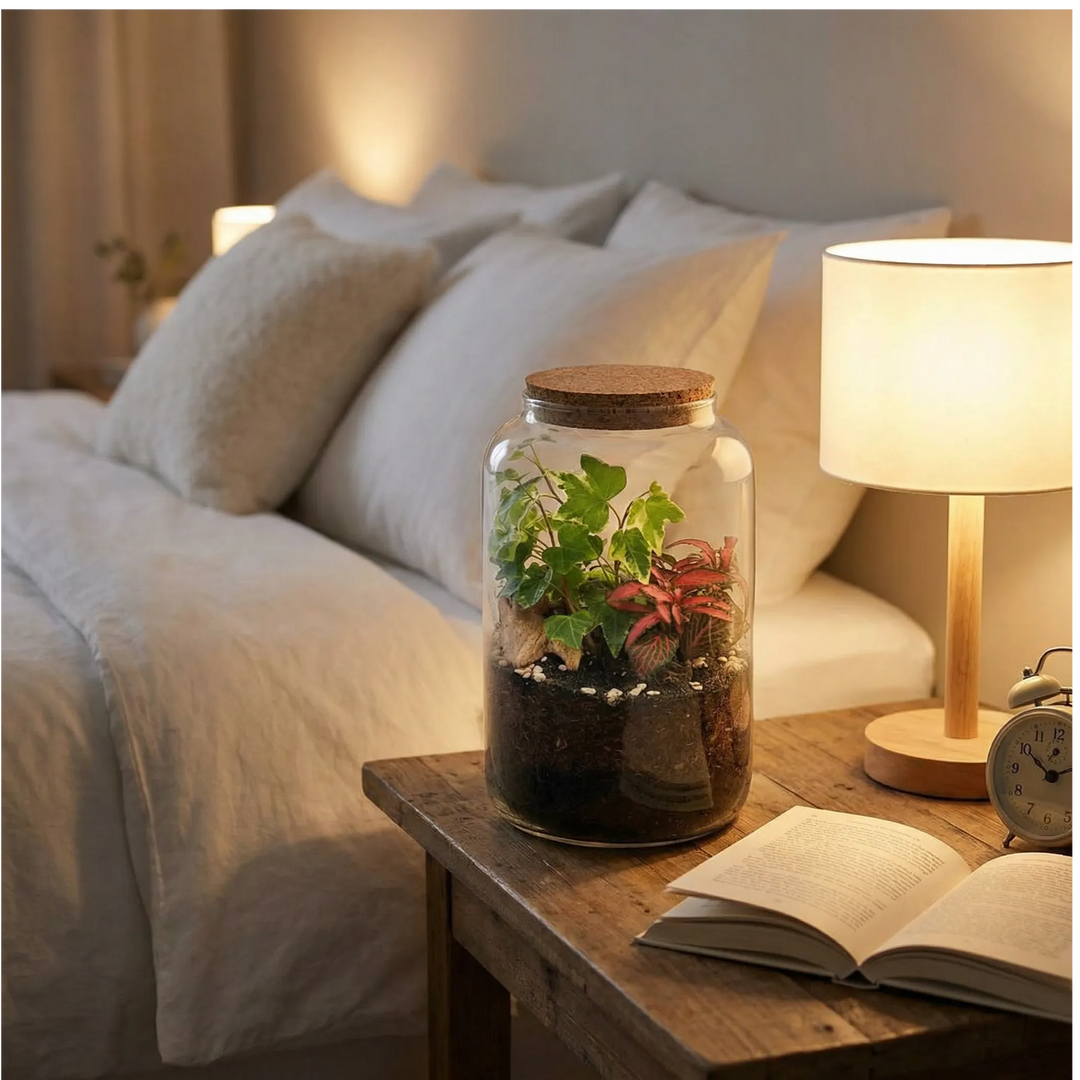 Terrarium su comodino in legno con lampada, decorazione naturale per camera da letto rilassante